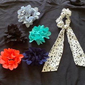 Black and white polka dot scrunchie scarf + 5 flower petal scrunchies.